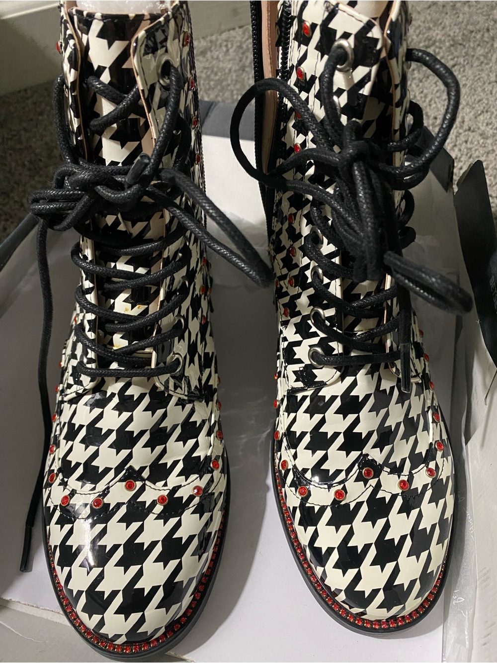 Betsey Johnson Black & White Houndstooth Lace-Up Boots with Red Studs
